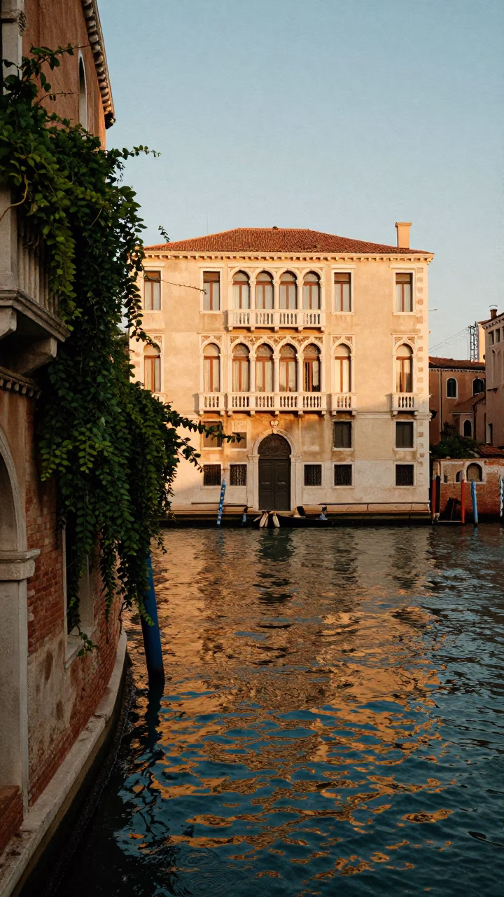 Sunset View of Venetian Canal with Baroque Architecture and Vine Details in in Venice, Italy
