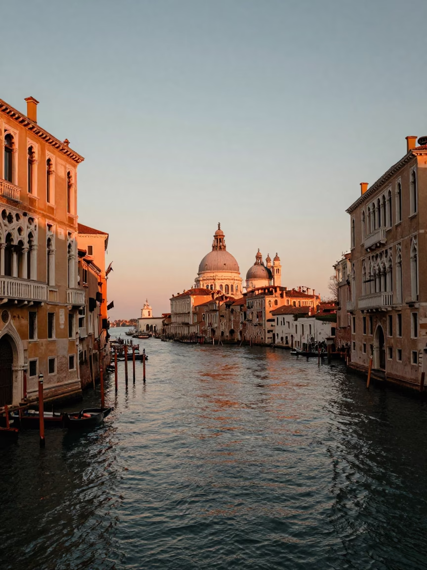 Sunset View of Venice Italy Canals and Historic Architecture with Vintage Details in in Venice, Italy