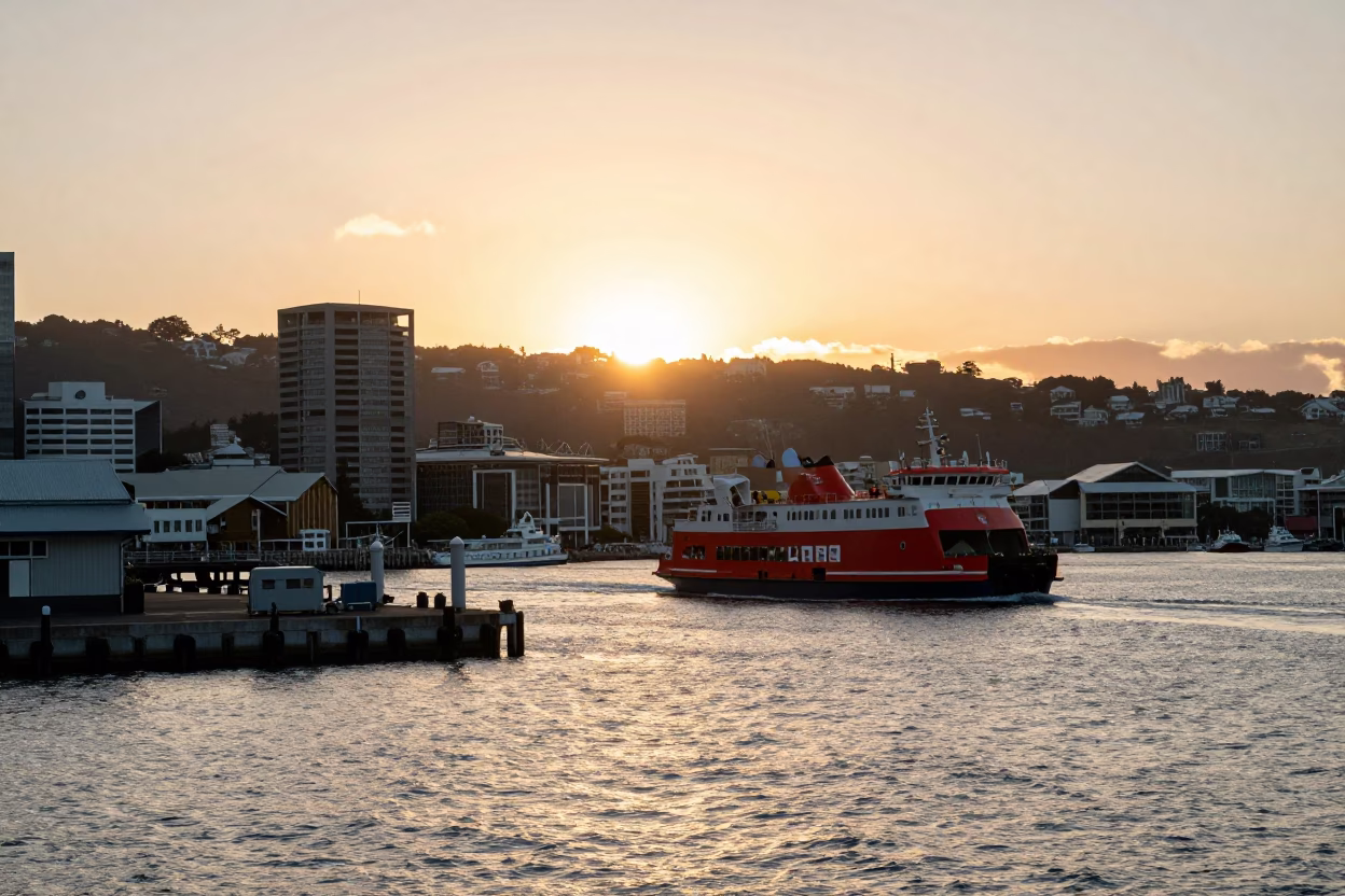 Sunset view of Wellington harbor with red ferry and city skyline in in Wellington, New Zealand