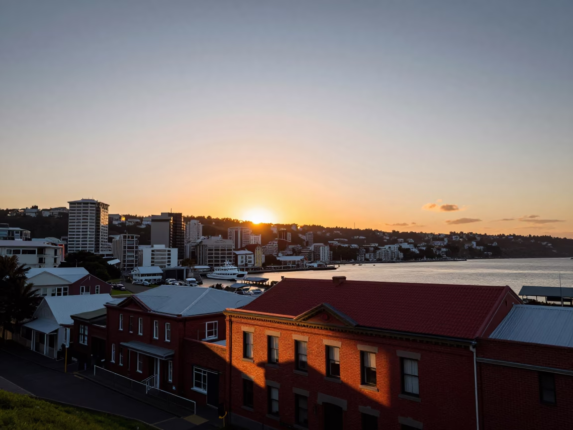 Sunset View of Wellington Harbour Skyline and Red Brick Buildings in New Zealand in in Wellington, New Zealand