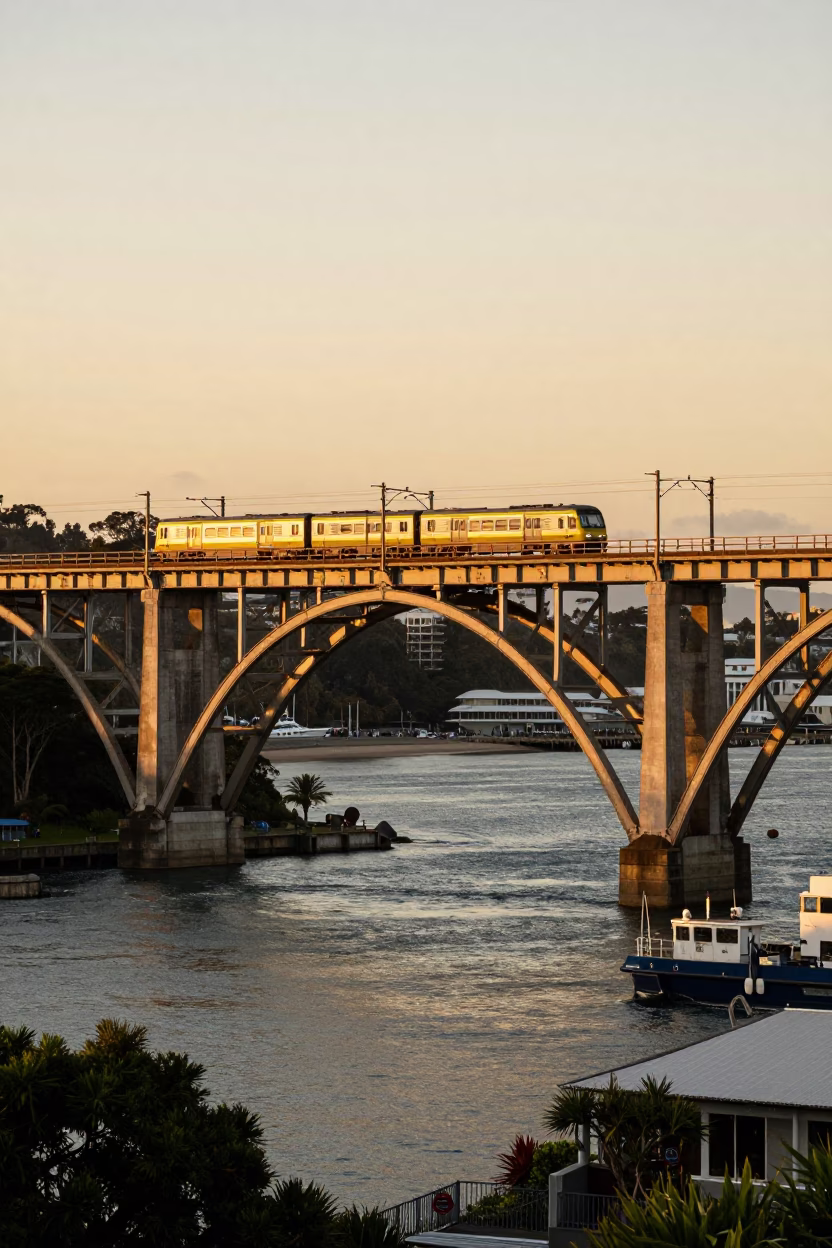 Sunset View of Wellington Railway Viaduct and Passing Train in New Zealand in in Wellington, New Zealand