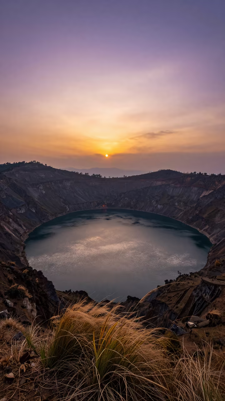 Sunset Volcanic Crater Lake Pokhara Ridge in from a ridge above layered foothills near Pokhara