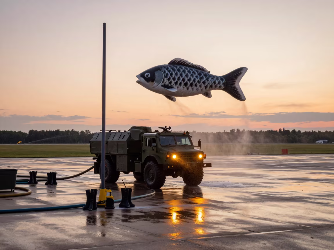 Sunset Washdown With Giant Koi Over Airbase in along an airbase flight line in Saskatchewan