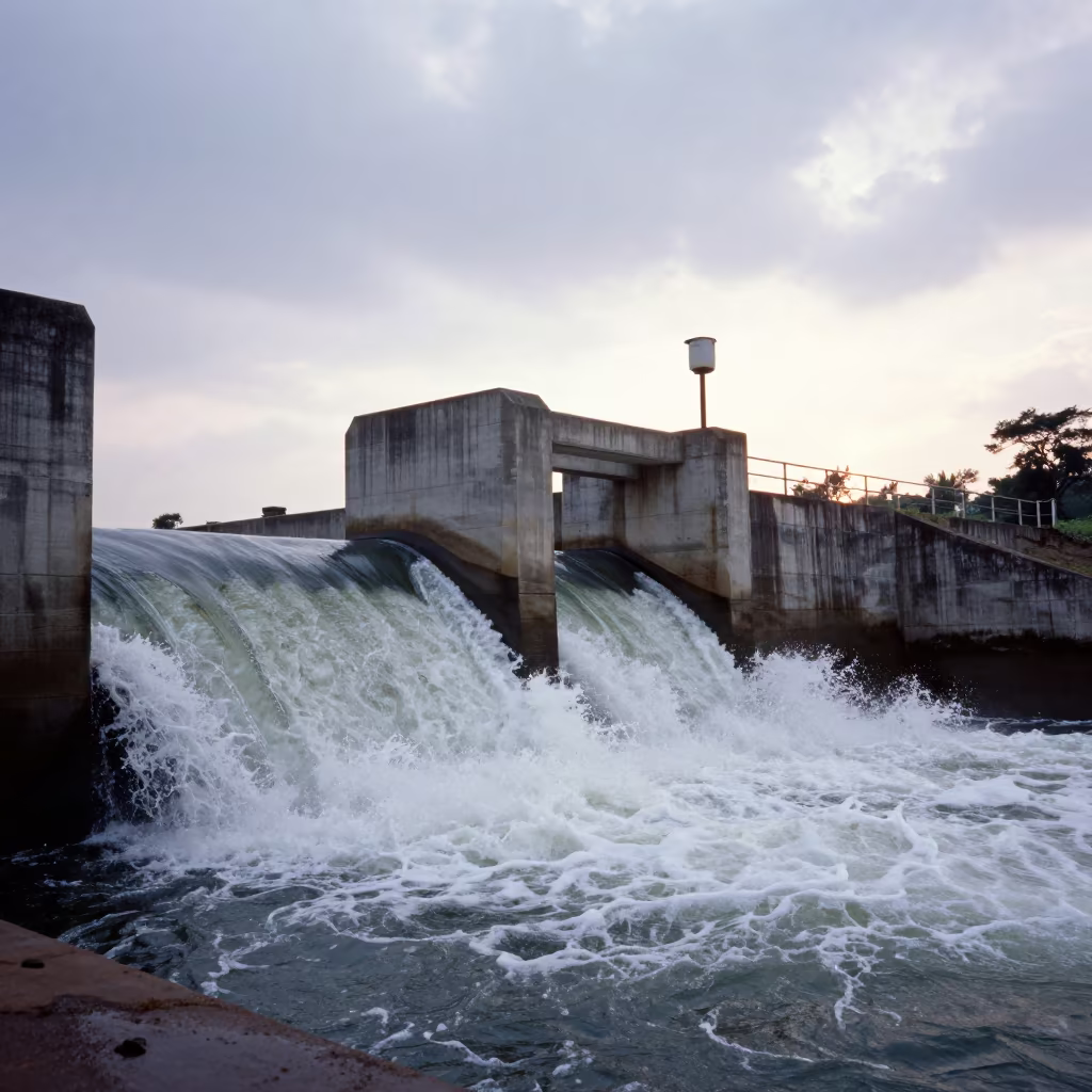 Sunset Water Flow Over Gampaha Dam Spillway in along concrete walls above turbulent water in Gampaha