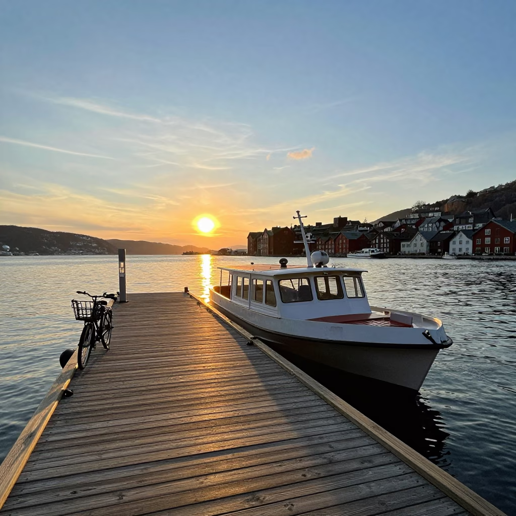 Sunset Water Taxi at Bergen Floating Dock with Bicycle Basket and Rain Boots in in Bergen, Norway