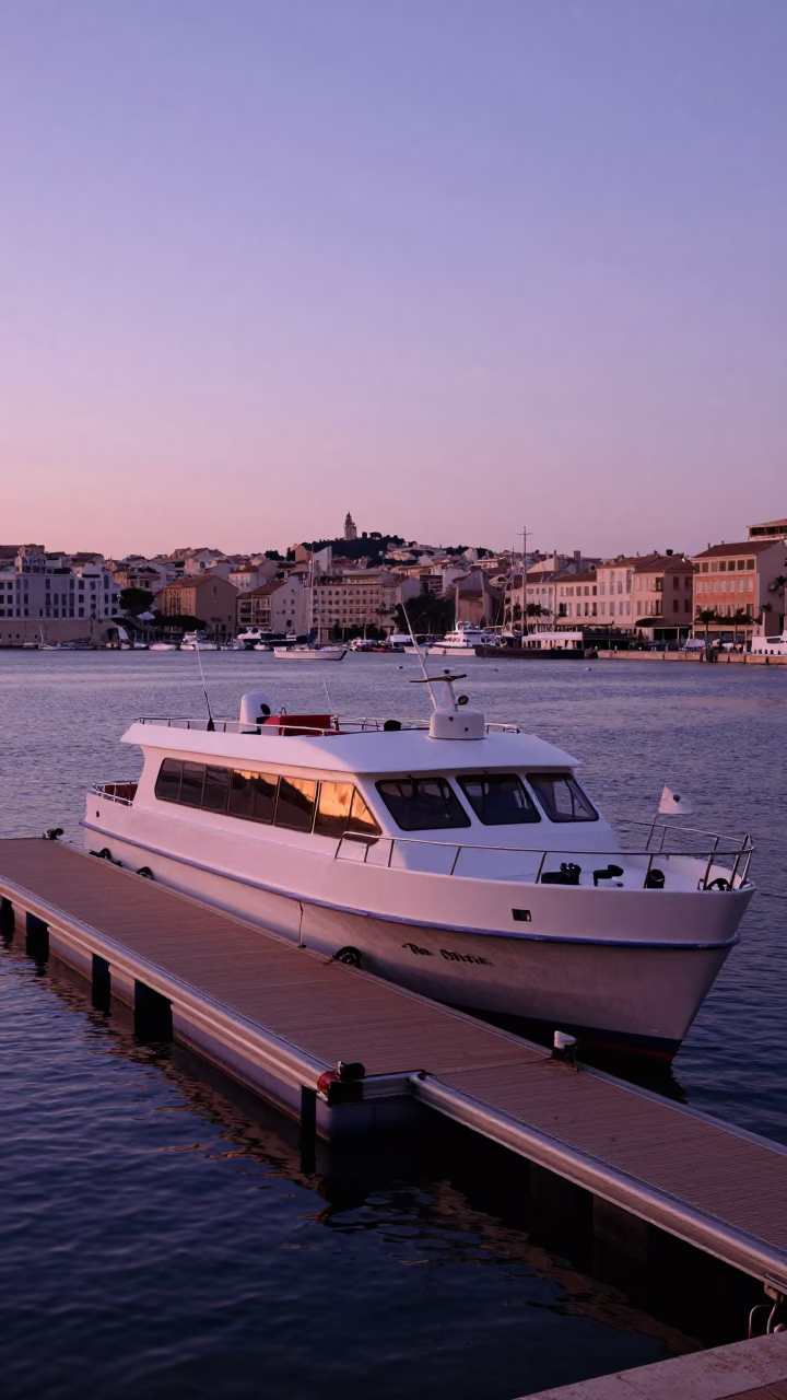 Sunset Water Taxi at Marseille Floating Dock with Coastal Urban Background in in Marseille, France