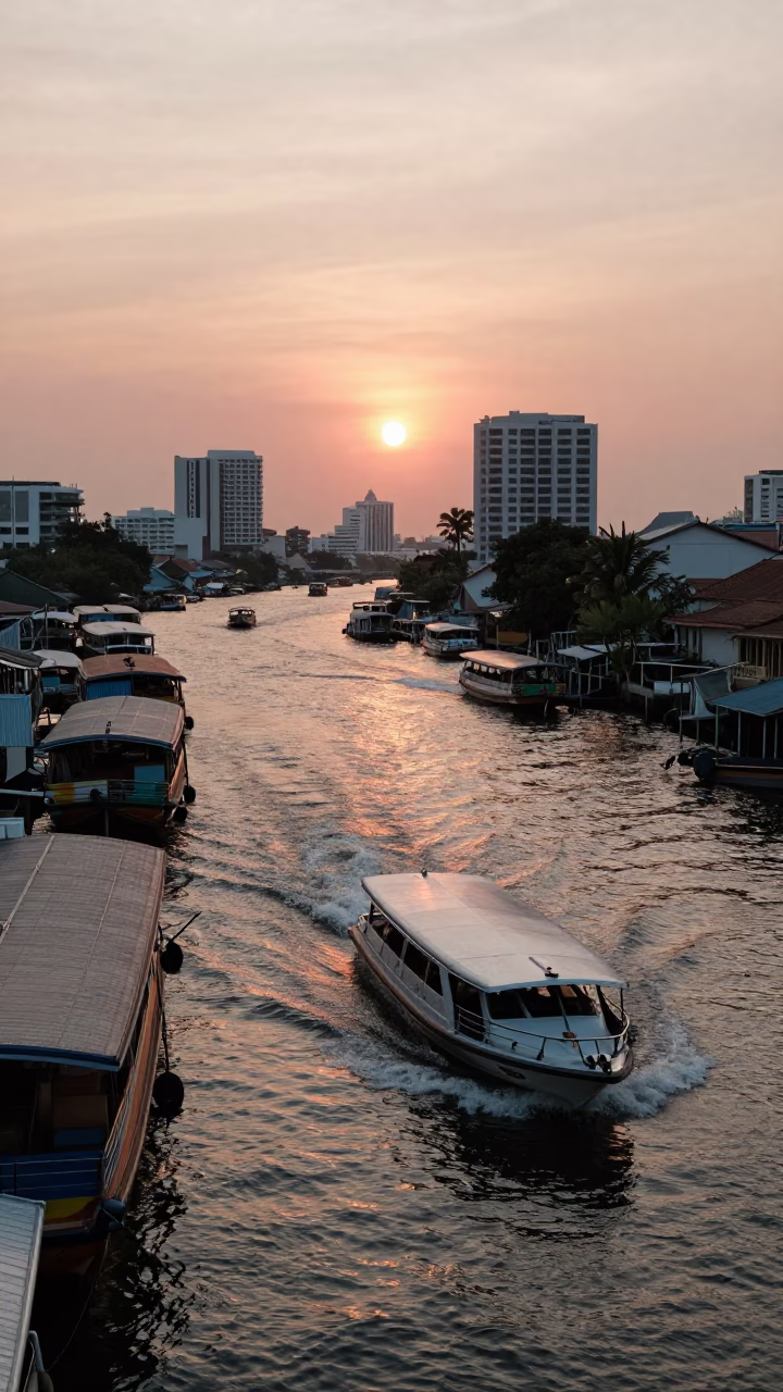 Sunset Water Taxi Zigzagging Through Bangkok Canal Houseboats in in Bangkok, Thailand