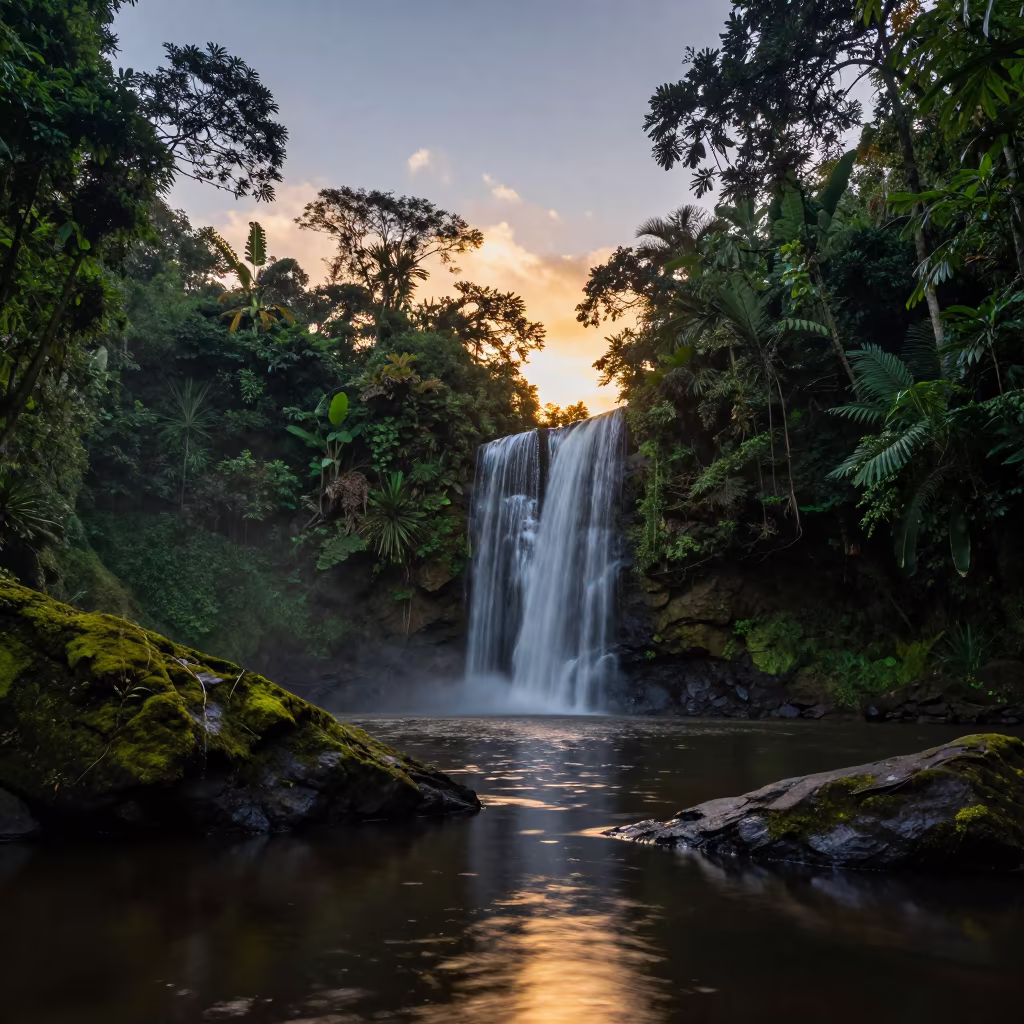 Sunset Waterfall Jungle Brazil Wet Season in in Brazil