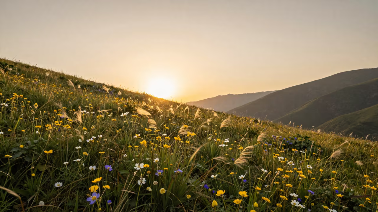 Sunset Wildflowers in Himachal Mountain Meadow in in Himachal Pradesh