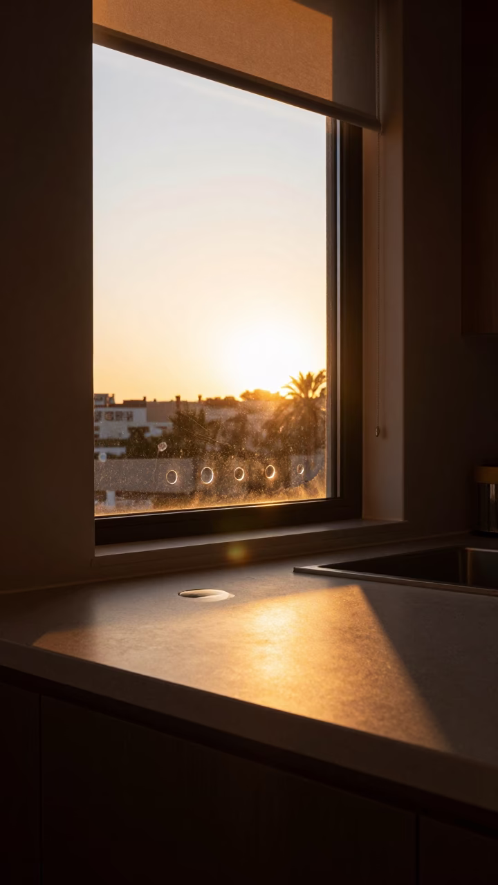 Sunset Window Light and Mineral Rings on Countertop in Naples Italy Home Interior in in Naples, Italy
