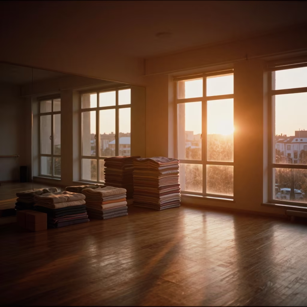 Sunset Yoga Studio Bucharest Mirrors and Props in inside a mirrored studio cleared for class in Bucharest