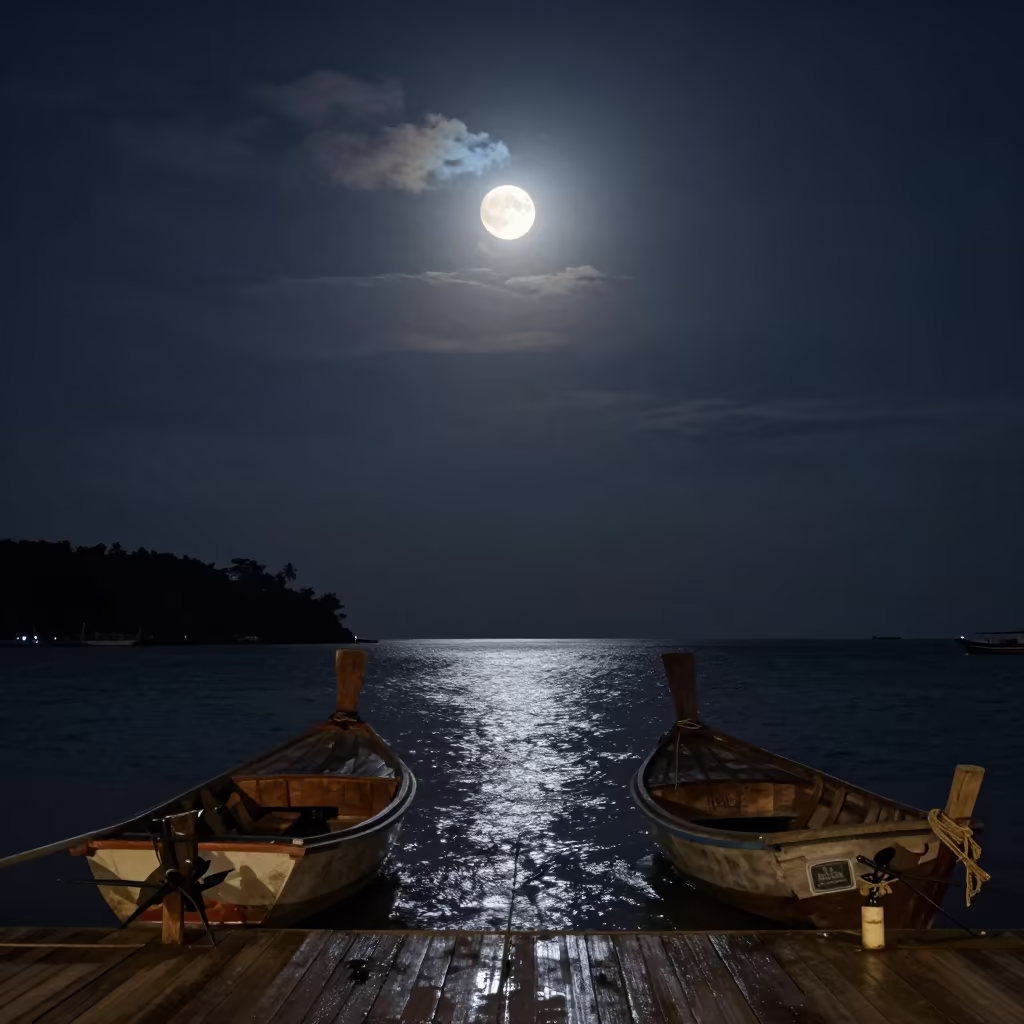 Super Moon Rising Over Thailand Harbor in beneath a dark-sky overlook in Thailand