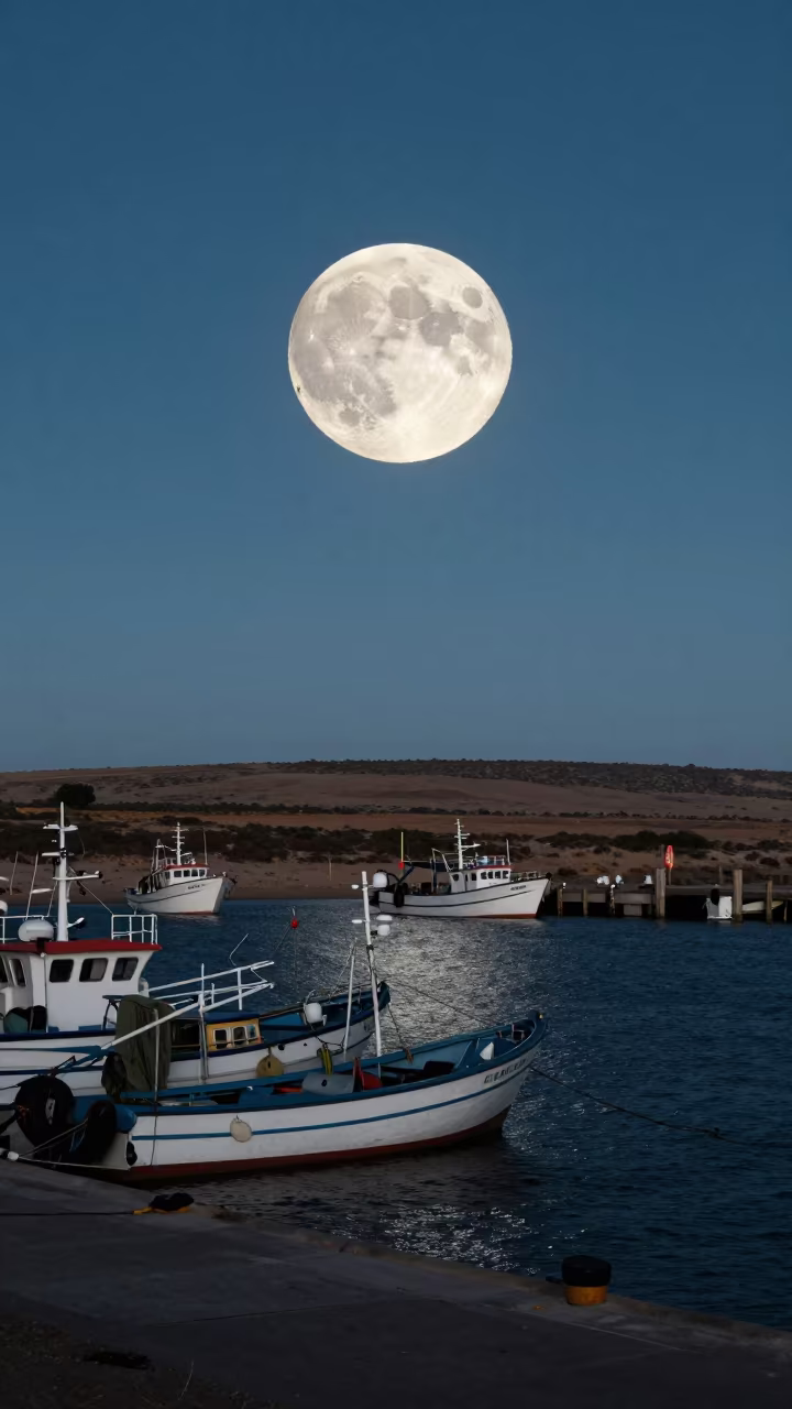 Enormous Super Moon Rising Over South African Harbor in under a dry plateau sky in South Africa