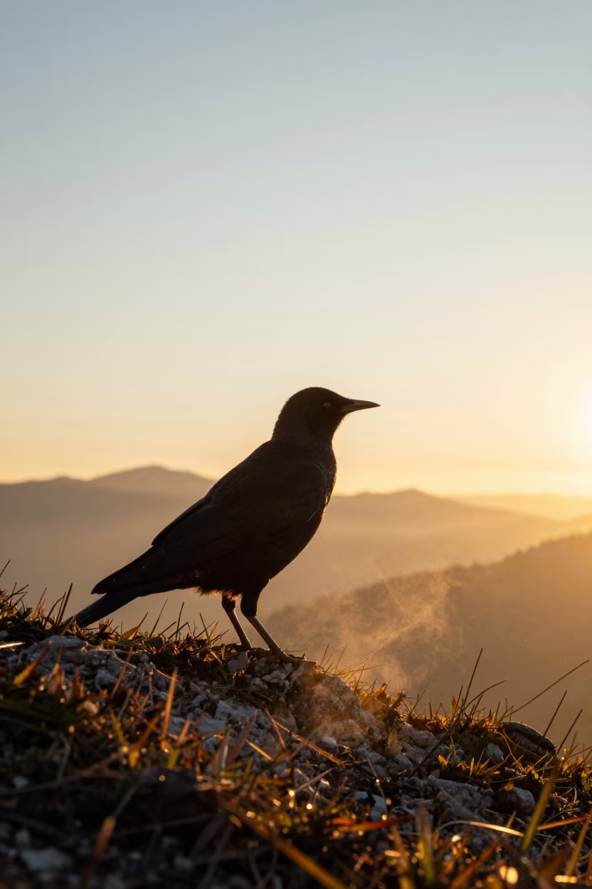 Superb Starling Silhouette at Dawn in on a wind-scoured ridge in Bavaria