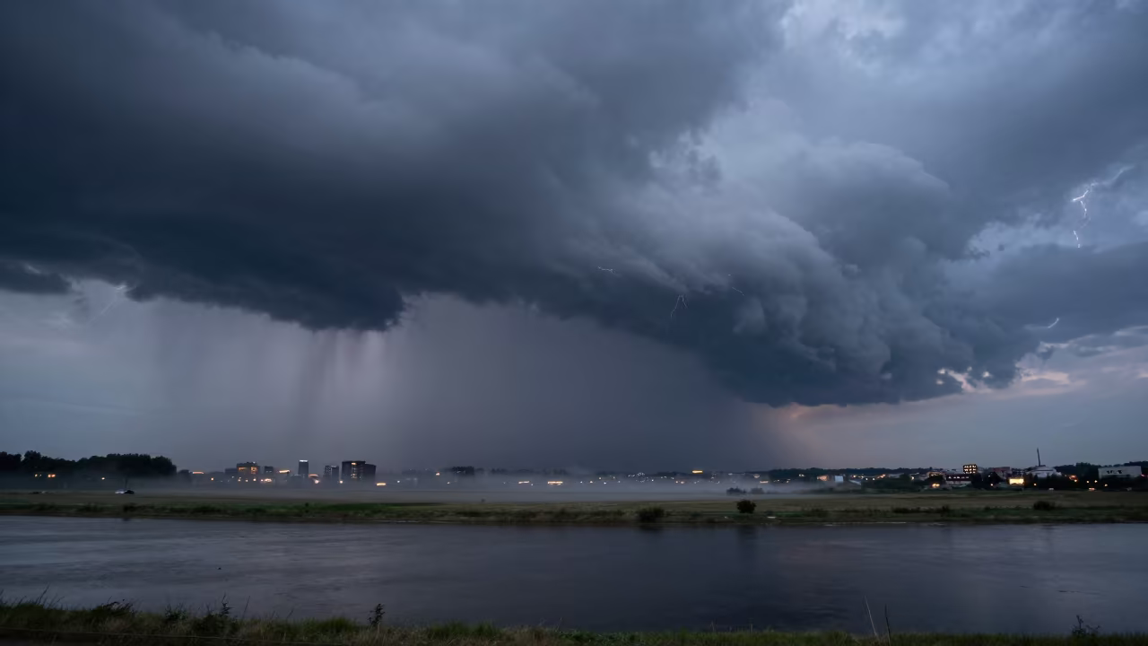 Supercell Storm Over Antwerp Plains at Dusk in beneath fast-moving cloud bands near Antwerp