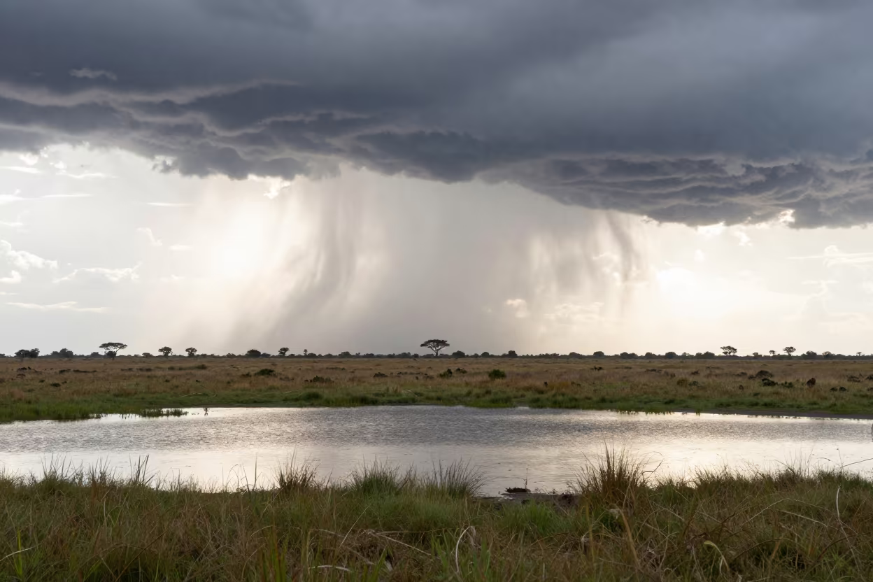 Supercell Storm Silhouette Botswana Noon Wet Season in beneath fast-moving cloud bands in Botswana