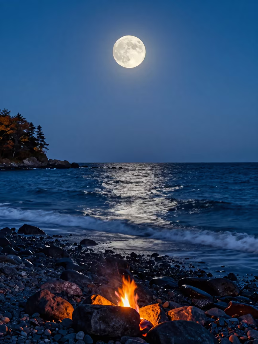 Supermoon over Hokkaido autumn ocean waves in in Hokkaido