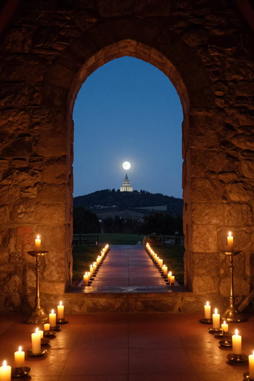 Supermoon Moonrise Over Hilltop Monastery in inside a stone chapel in Burlington