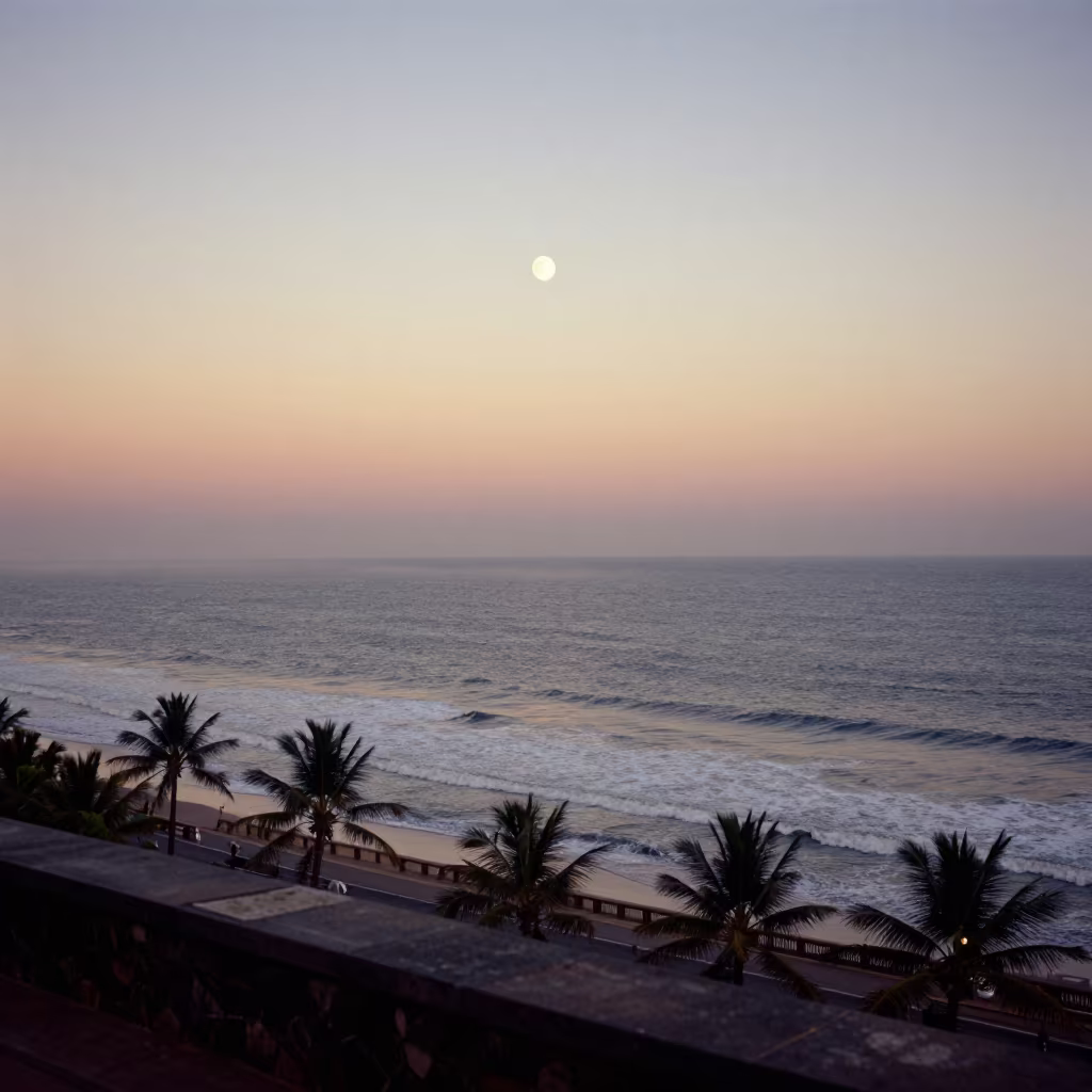 Supermoon Over Mumbai Ocean at Golden Hour Mist in beneath a dark-sky overlook near Marine Drive, Mumbai