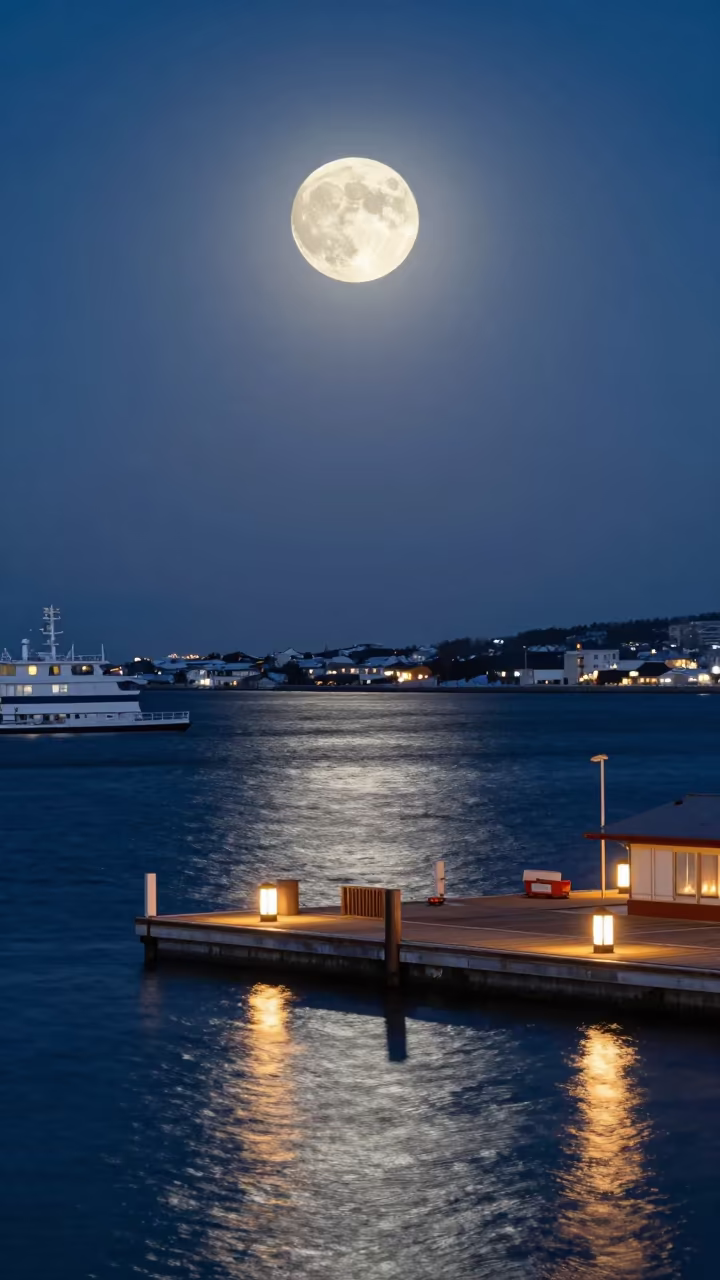 Supermoon Over Hokkaido Harbor Waves in beside a lantern-dotted harbor in Hokkaido