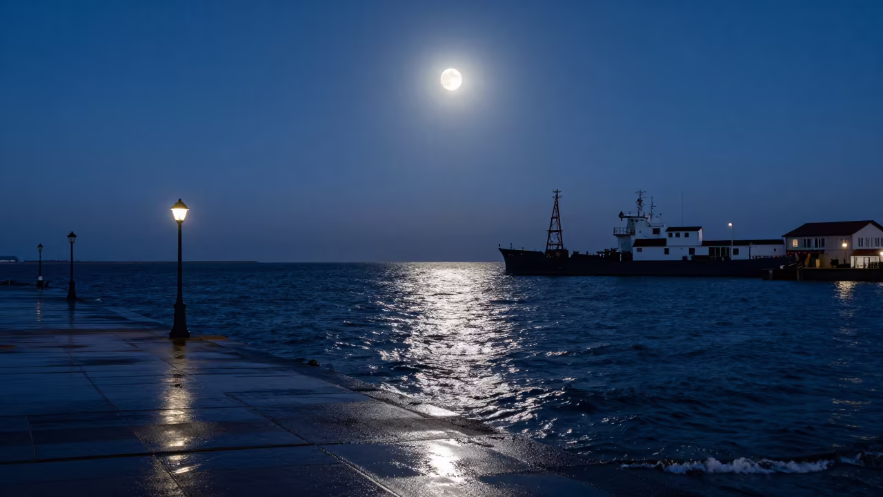 Supermoon Over Porto Harbor at Twilight in beside a lantern-dotted harbor near Porto