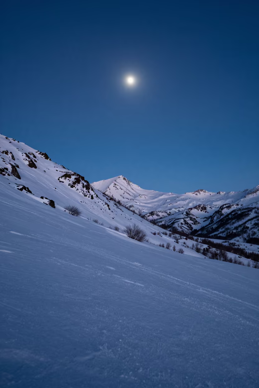Supermoon Over Siberian Alpine Pass at Twilight in from a frost-hushed ridgeline in Siberia