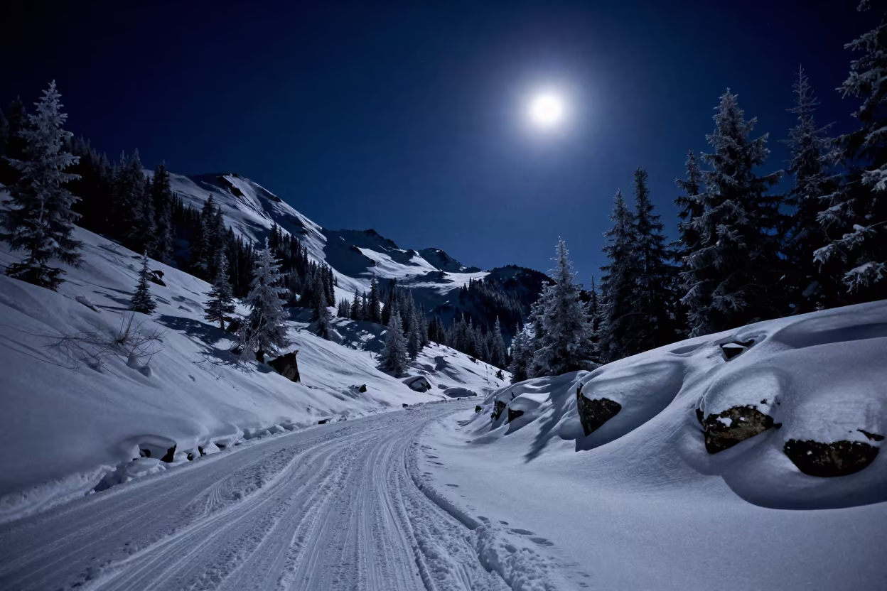 Supermoon Over Snowy Alpine Pass in British Columbia in from a frost-hushed ridgeline in British Columbia