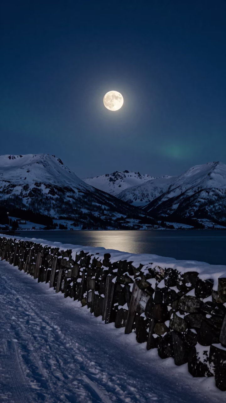 Supermoon Over Snowy Alpine Pass at Night in from a moonlit breakwater in British Columbia