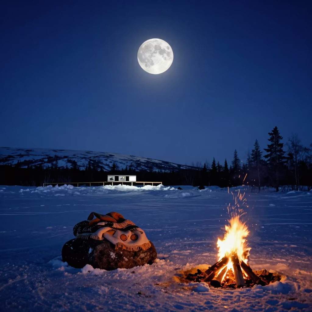 Supermoon Over Snowy Lapland Pass at Night in from a quiet alpine saddle in Lapland