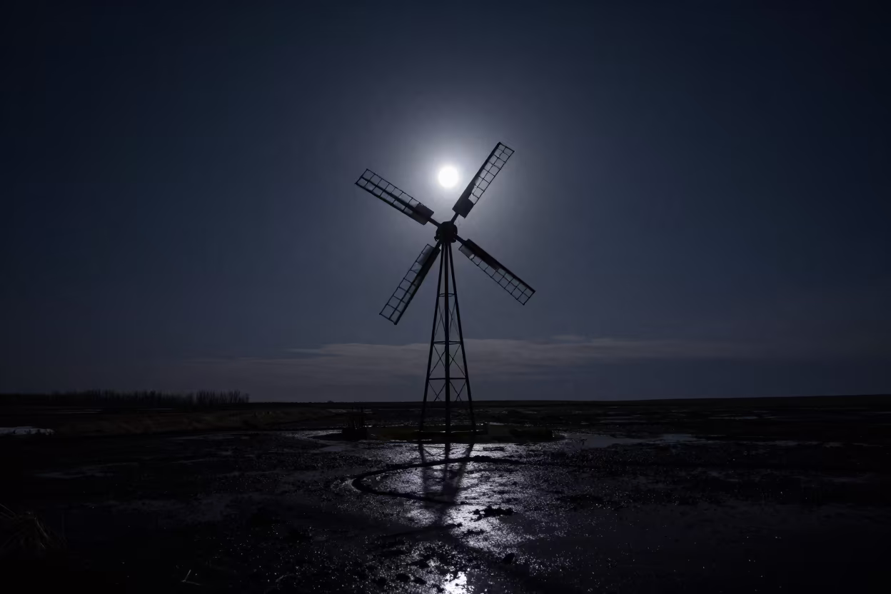Supermoon Over Windmill Alaska Winter Night in beneath a dark-sky overlook in Alaska