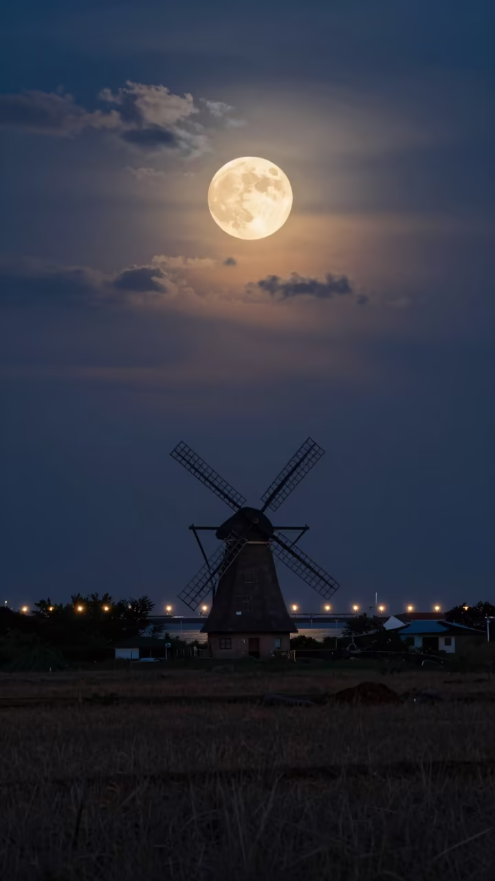 Supermoon Over Windmill Yangon Polder in beside a lantern-dotted harbor near Yangon