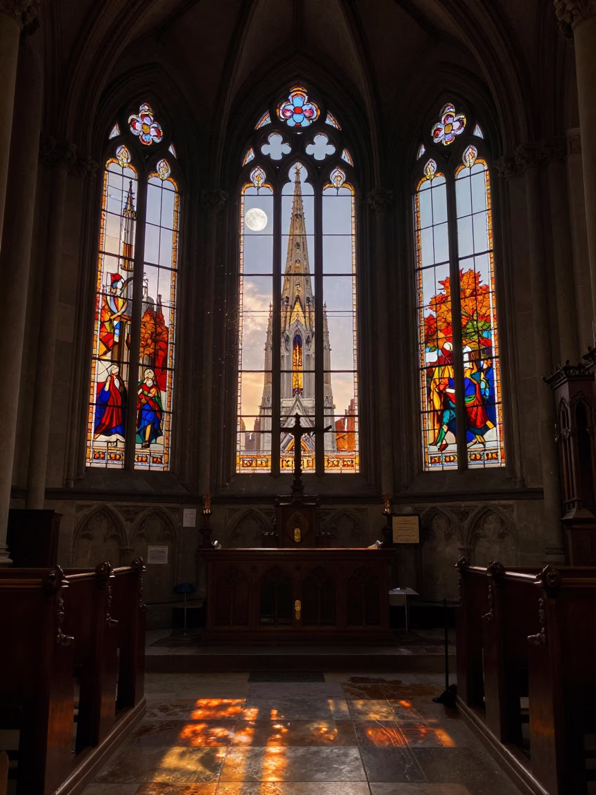 Supermoon Rising Behind Gothic Spire in New York Chapel in in a chapel lit by stained glass in New York
