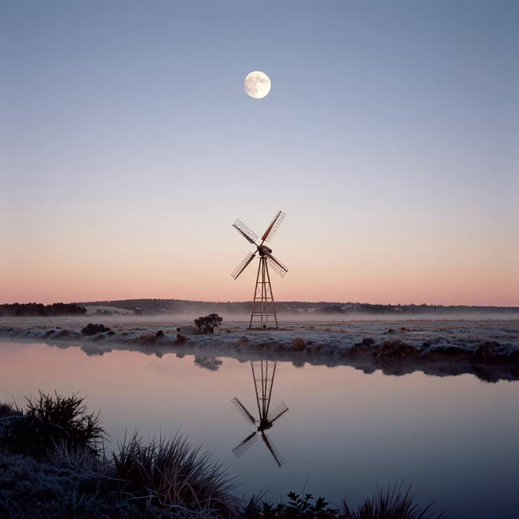 Supermoon Rising Over Windmill Polder at Sunset in from a frost-hushed ridgeline near Fremantle