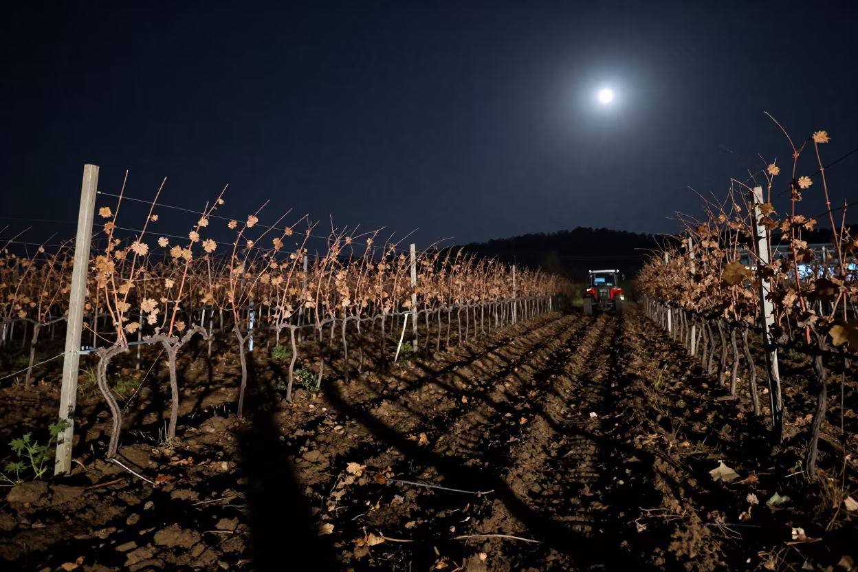 Supermoon Shadows Over Late Autumn Busan Vineyard in beside a tractor track through dark soil in Busan