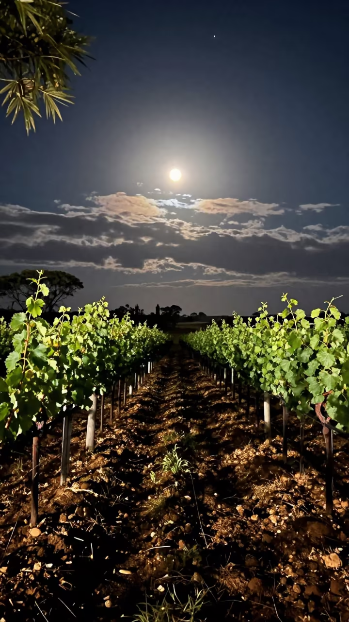 Supermoon Shadows Across South African Vineyard Rows in along freshly irrigated rows in South Africa