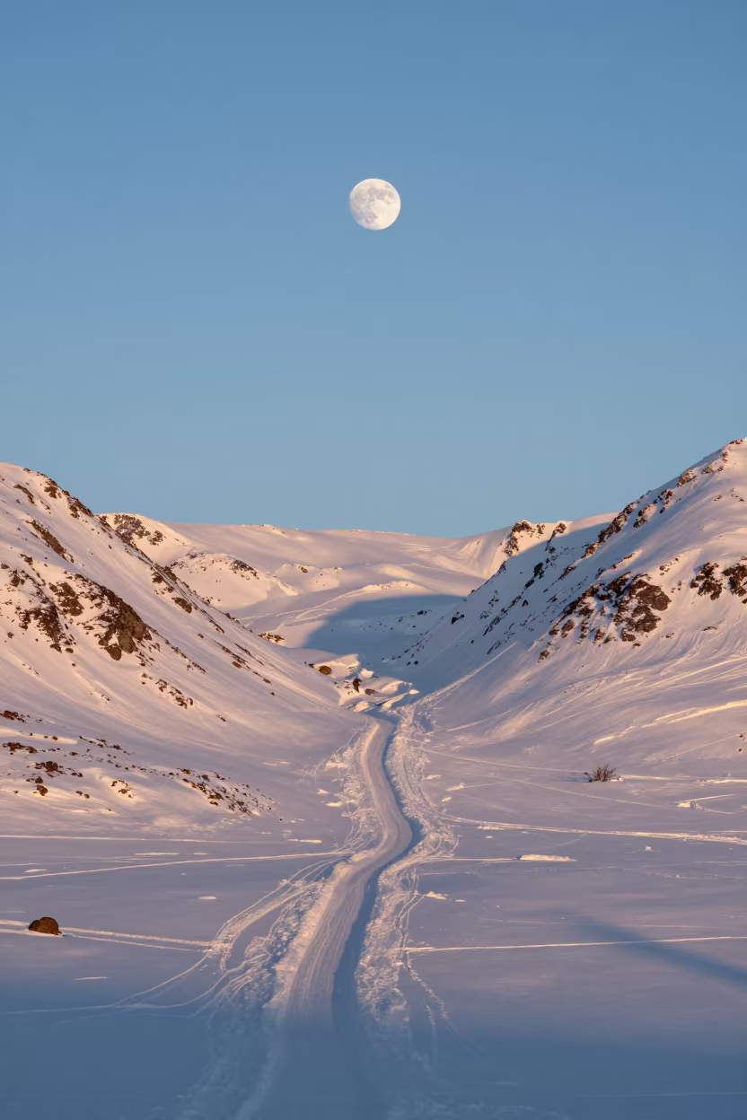 Supermoon Over Siberian Alpine Pass in beneath a hard winter sky over snowfields in Siberia