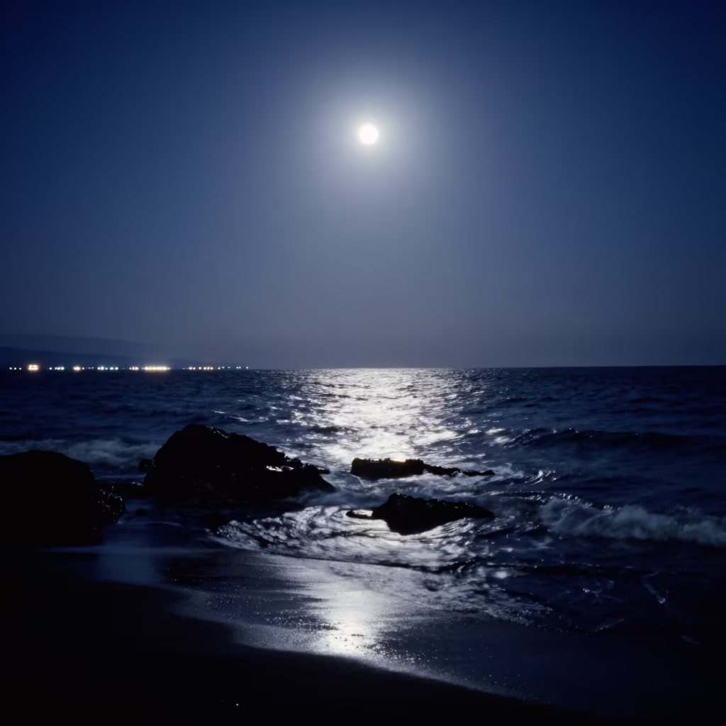 Supermoon Silver Light Over Hokkaido Ocean Waves in along a dark shoreline with tidal glow in Hokkaido