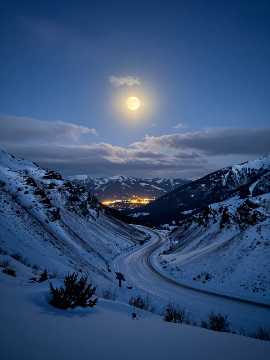 Supermoon over Snowy Alpine Pass at Twilight in beneath a wind-cut desert escarpment in British Columbia