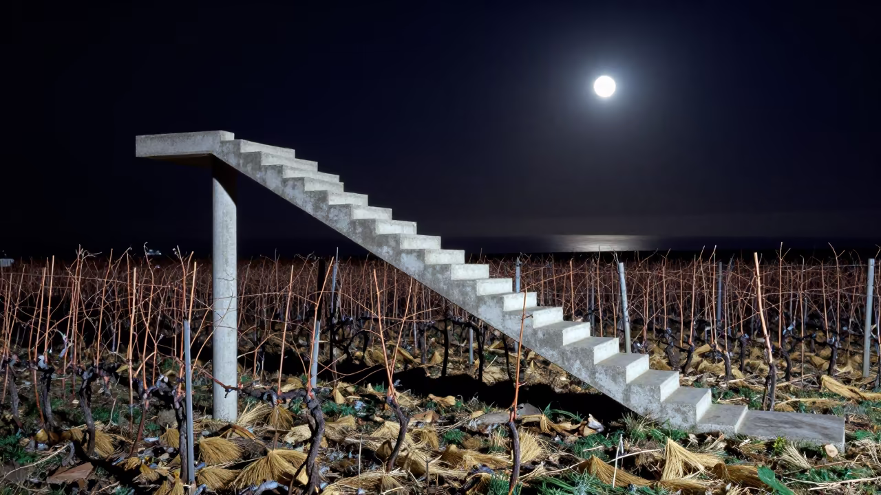 Supermoon Staircase Over Winter Vineyard at Night in across a harvested grain field near Gracia, Barcelona
