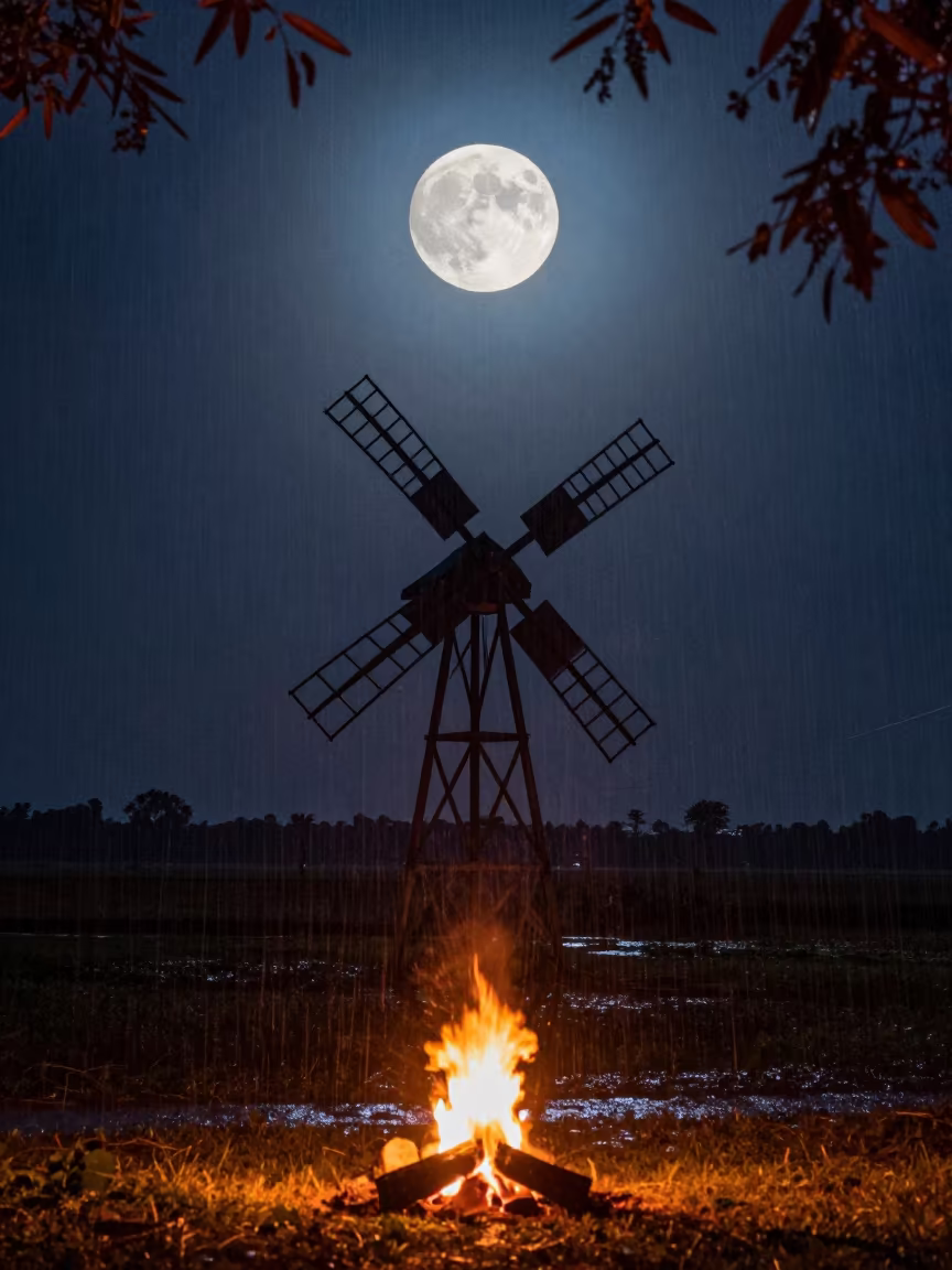 Supermoon Over Windmill in Alpine Polder Rain in from a quiet alpine saddle near Ayacucho