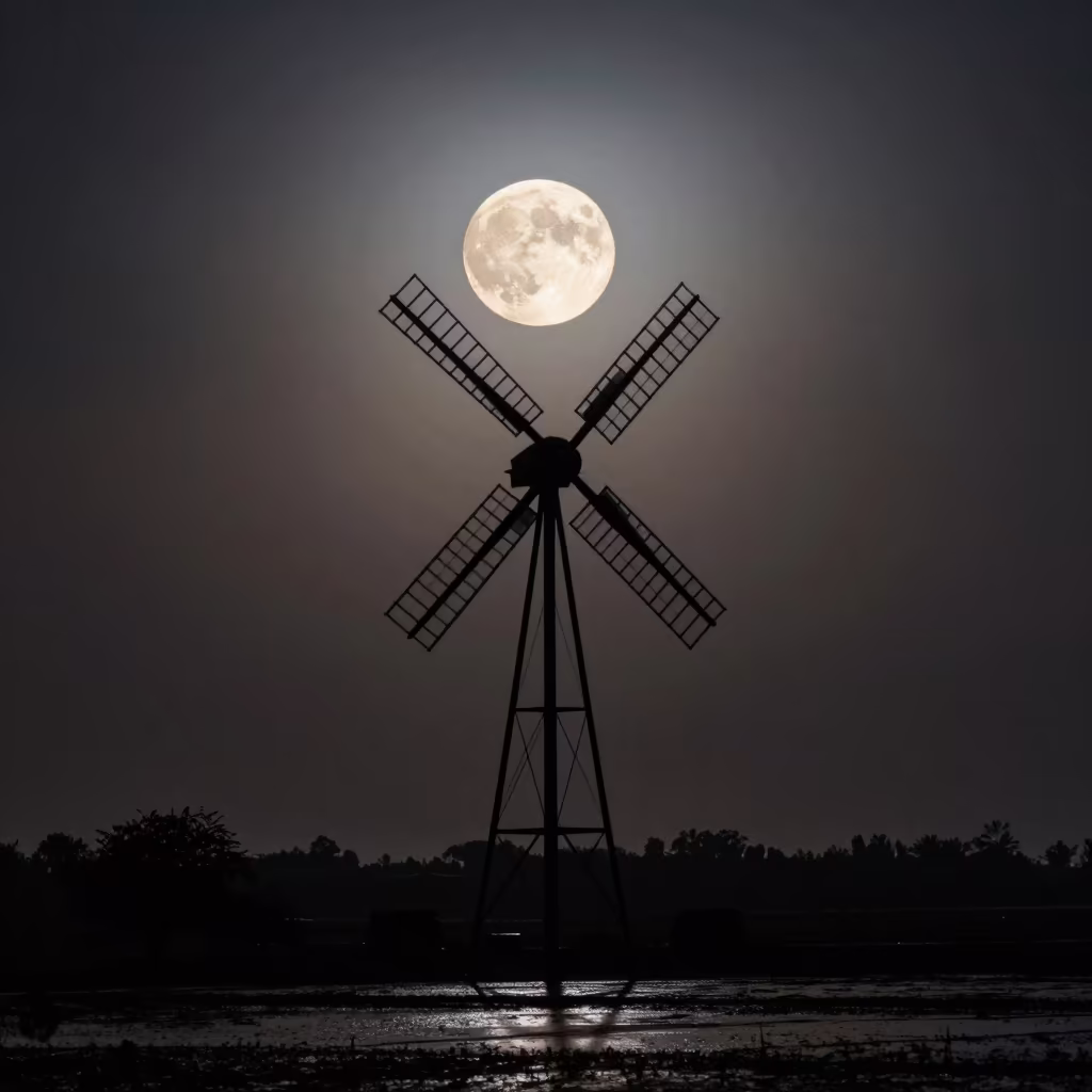 Supermoon Over Windmill Silhouette Nellore Polder in beneath a moon-washed horizon near Nellore