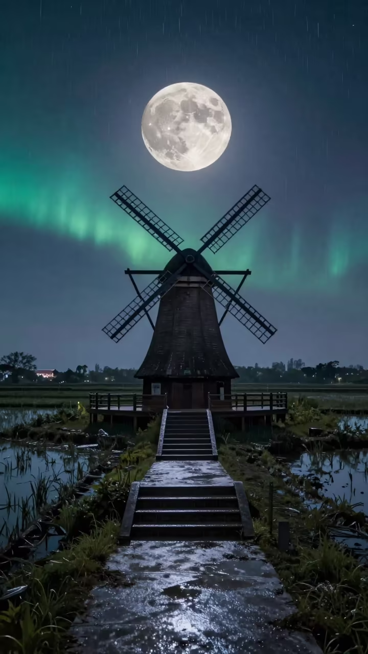 Supermoon Windmill Staircase Night Vietnam in from a frost-hushed ridgeline in Vietnam