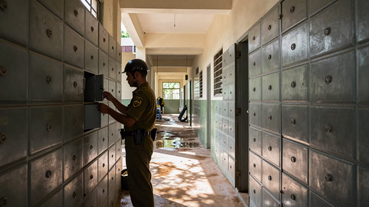 Supply Sergeant Stamps Roster Delta Barracks in inside a barracks corridor in the Mekong Delta