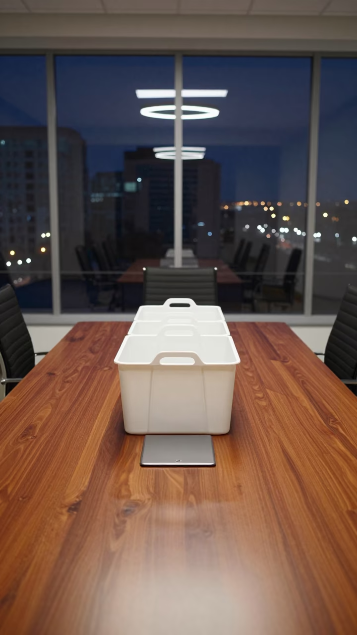 Supply Tote on Boardroom Table Before Meeting in at a boardroom table before a meeting near Kyiv