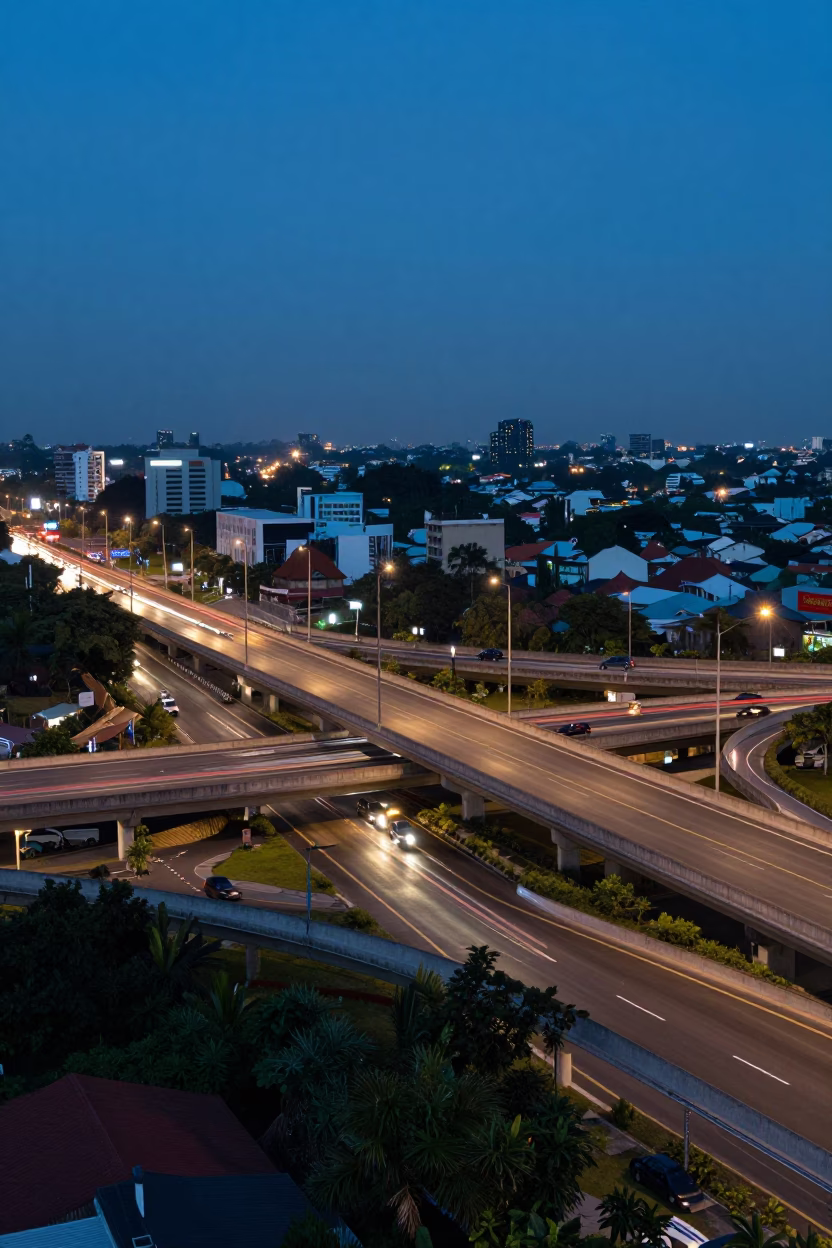 Surabaya Indonesia Blue Hour Overpass Interchange Lane Split Lit by Taillight Streaks in in Surabaya, Indonesia