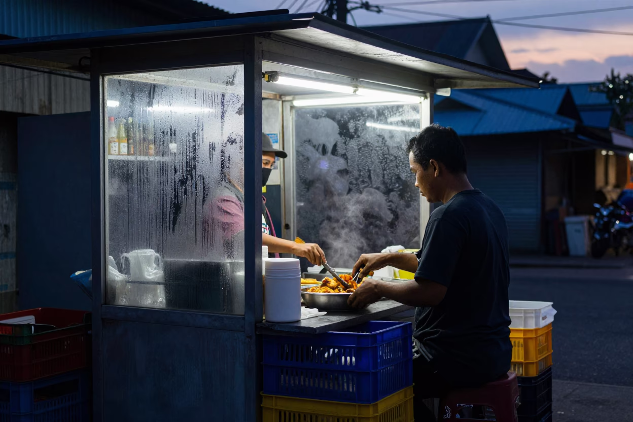 Surabaya Indonesia Blue Hour Street Scene with Condensation and Crate in in Surabaya, Indonesia