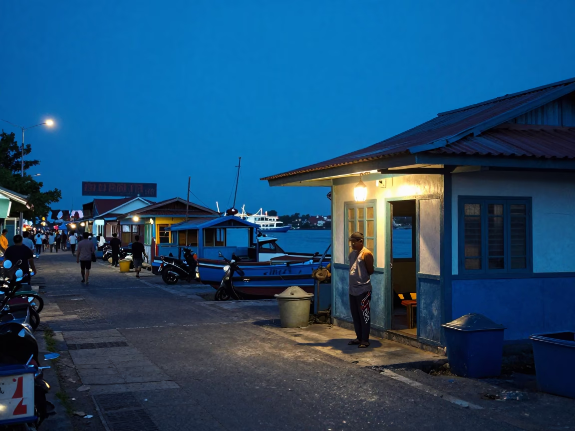 Surabaya Indonesia Blue Hour Street Scene with Fisherman and Lantern Lit Boathouse in in Surabaya, Indonesia