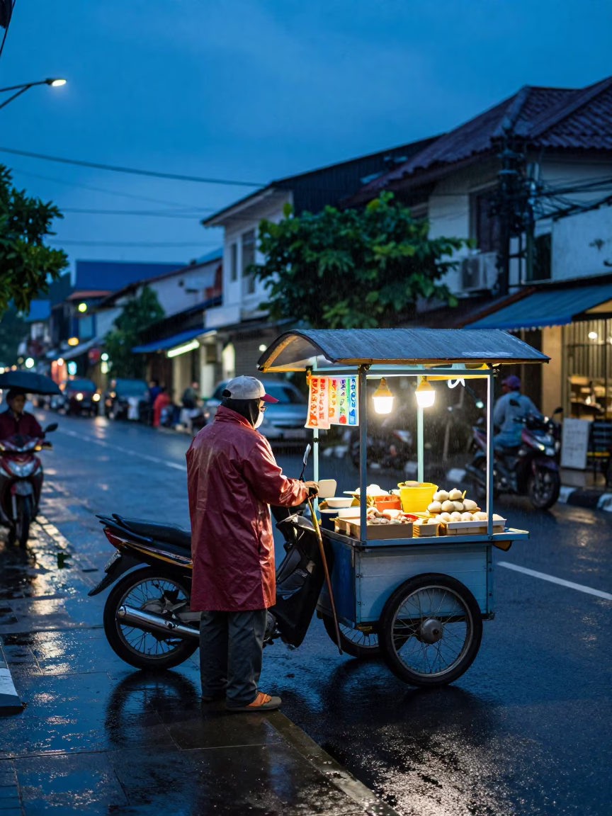Surabaya Indonesia Blue Hour Street Scene with Raincoats and Traditional Mochi Vendor in in Surabaya, Indonesia