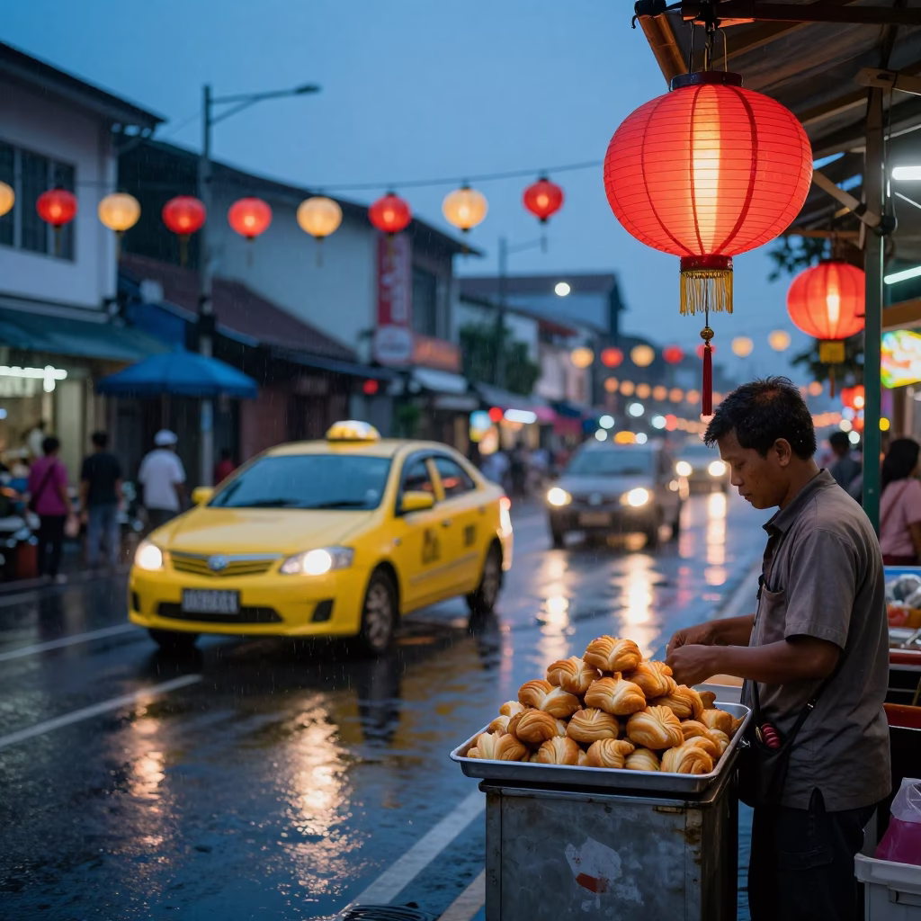Surabaya Indonesia Blue Hour Street Scene with Yellow Taxi and Paper Lanterns in in Surabaya, Indonesia