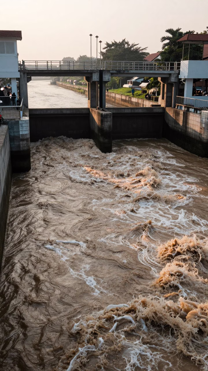 Surabaya Indonesia Dawn Sluice Gate Walkway Over Tea-Colored River Foam First Light in in Surabaya, Indonesia